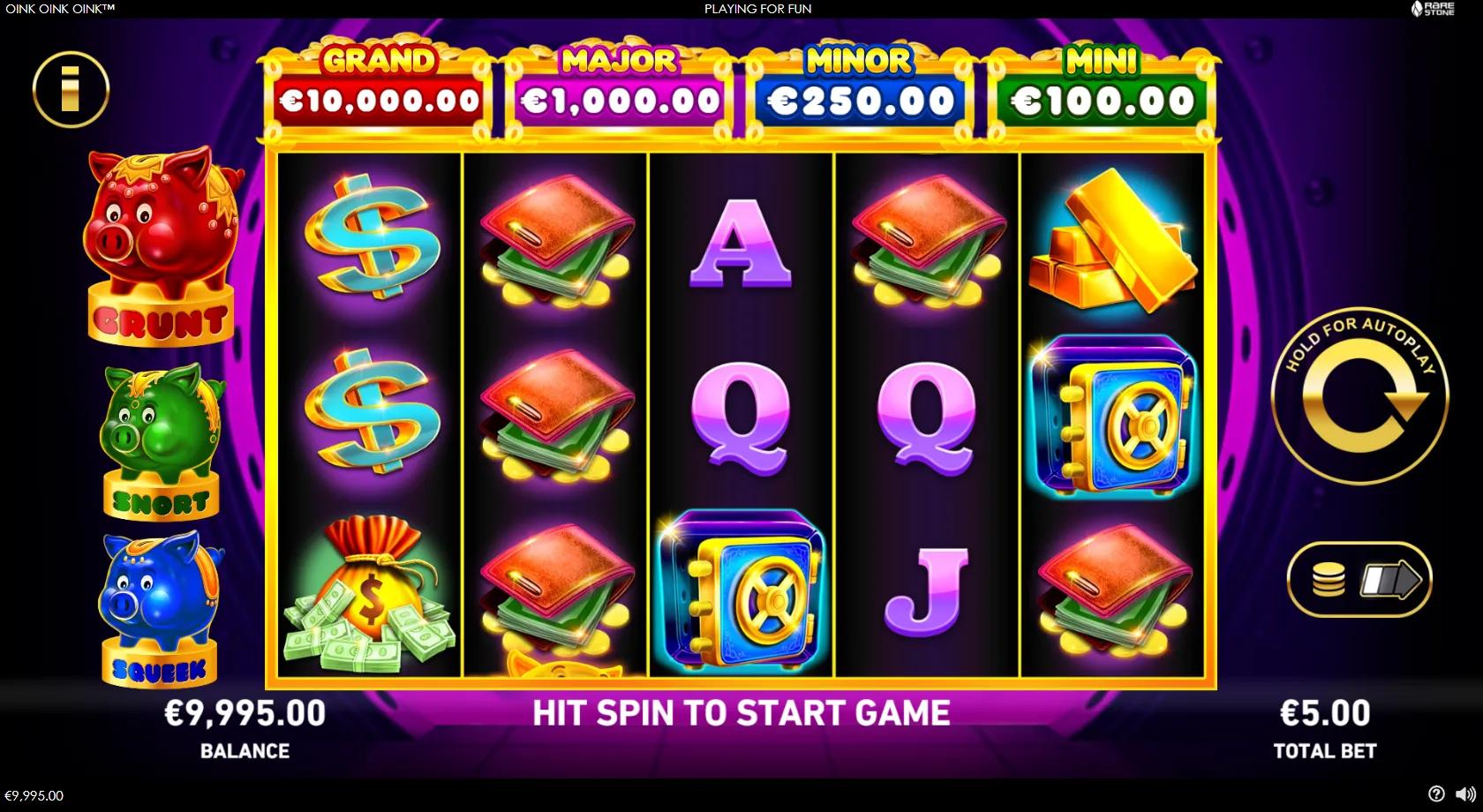 Oink Oink Oink slot gameplay showing 5x3 243-ways grid with red, green and blue piggy banks and Coin symbols