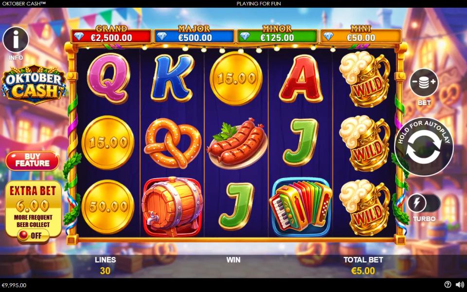 Oktober Cash reels holding three gold cash coins with no Beer Collect symbol to collect them