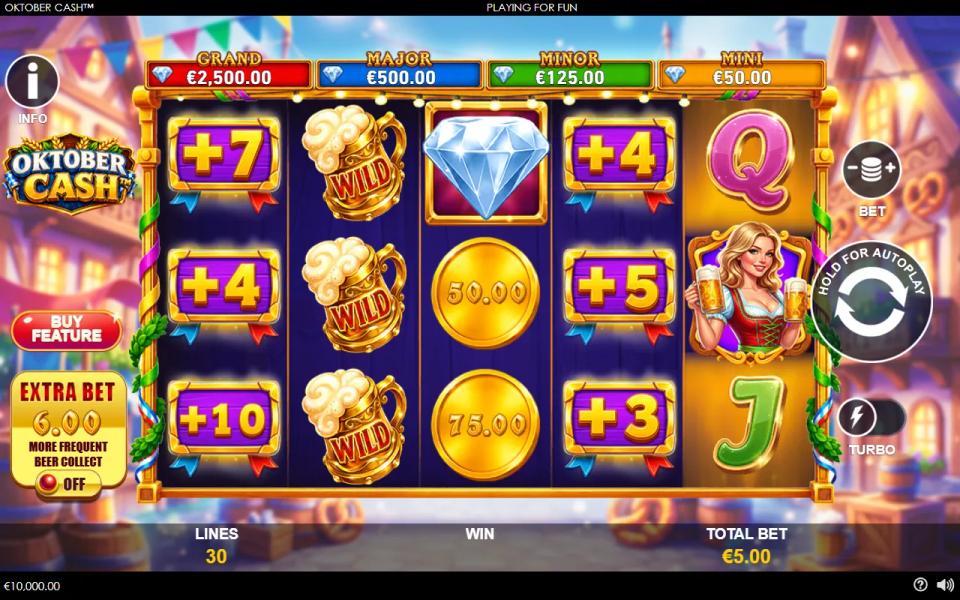 Oktober Cash board showing free games coins, cash coins and a diamond coin alongside the four prize tiers