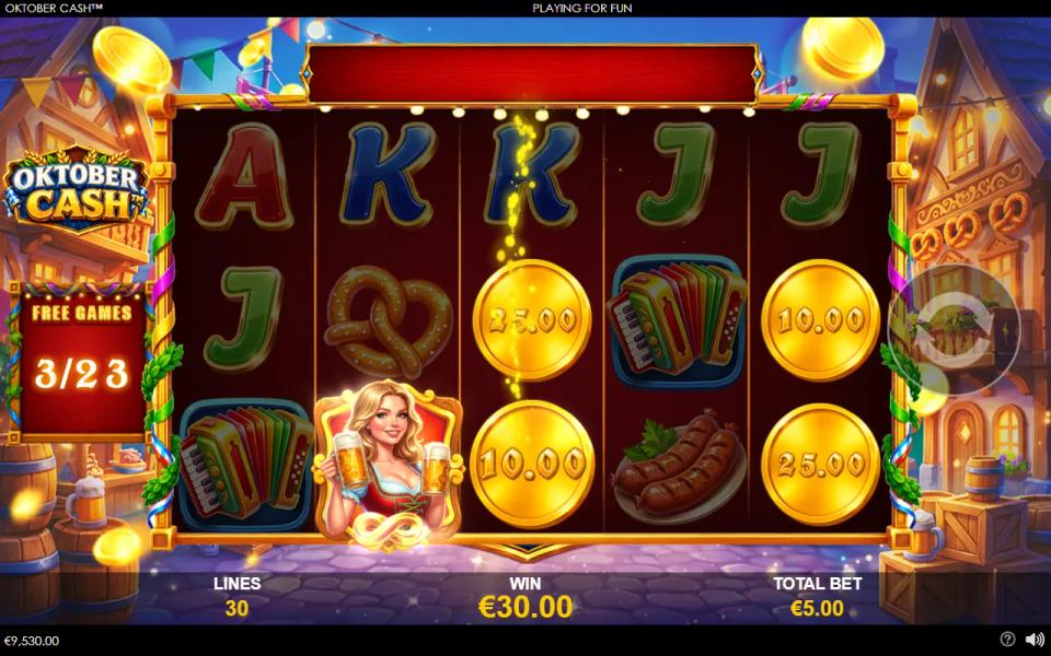 Two Beer Collect symbols locked on the reels during Oktober Cash free games with cash coins around them