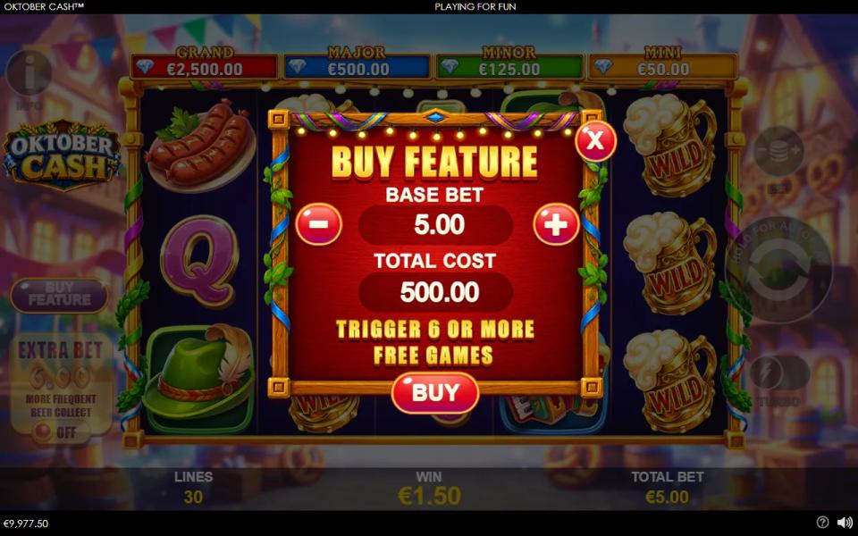 Oktober Cash buy feature menu showing a base bet of 5.00 and a total cost of 500.00