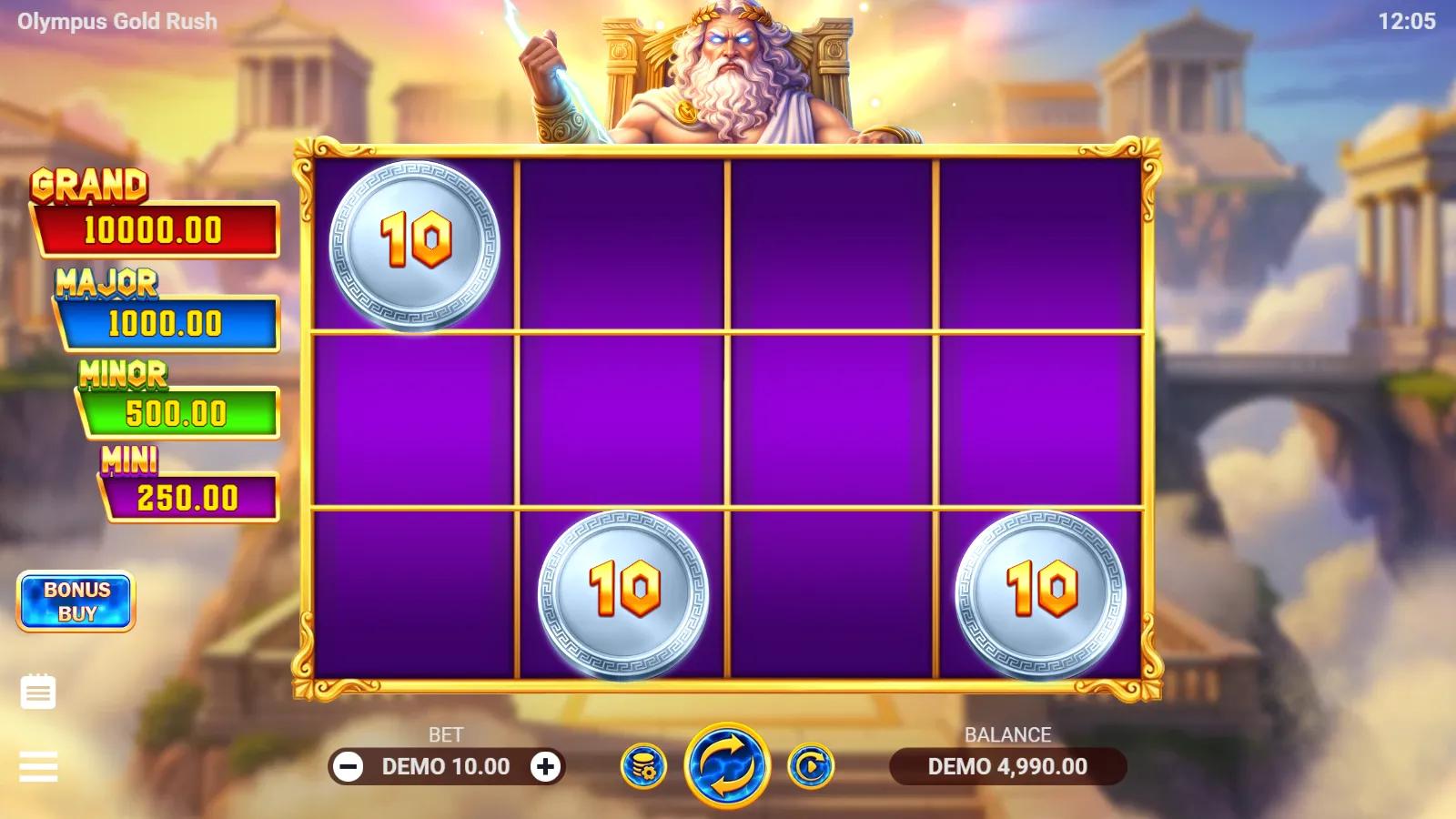 Olympus Gold Rush slot gameplay showing the 4x3 grid with silver Bonus Coin symbols and Zeus above the jackpot ladder
