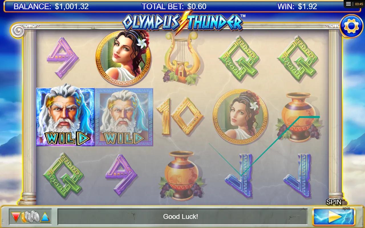 Olympus Thunder slot gameplay showing 5x3 grid with an expanding Zeus wild reel and a winning payline on marble columns