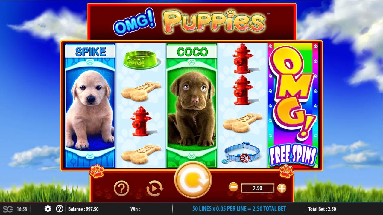 OMG! Puppies slot gameplay showing 5x4 grid with stacked Spike and Coco puppy reels and an OMG symbol on reel 5