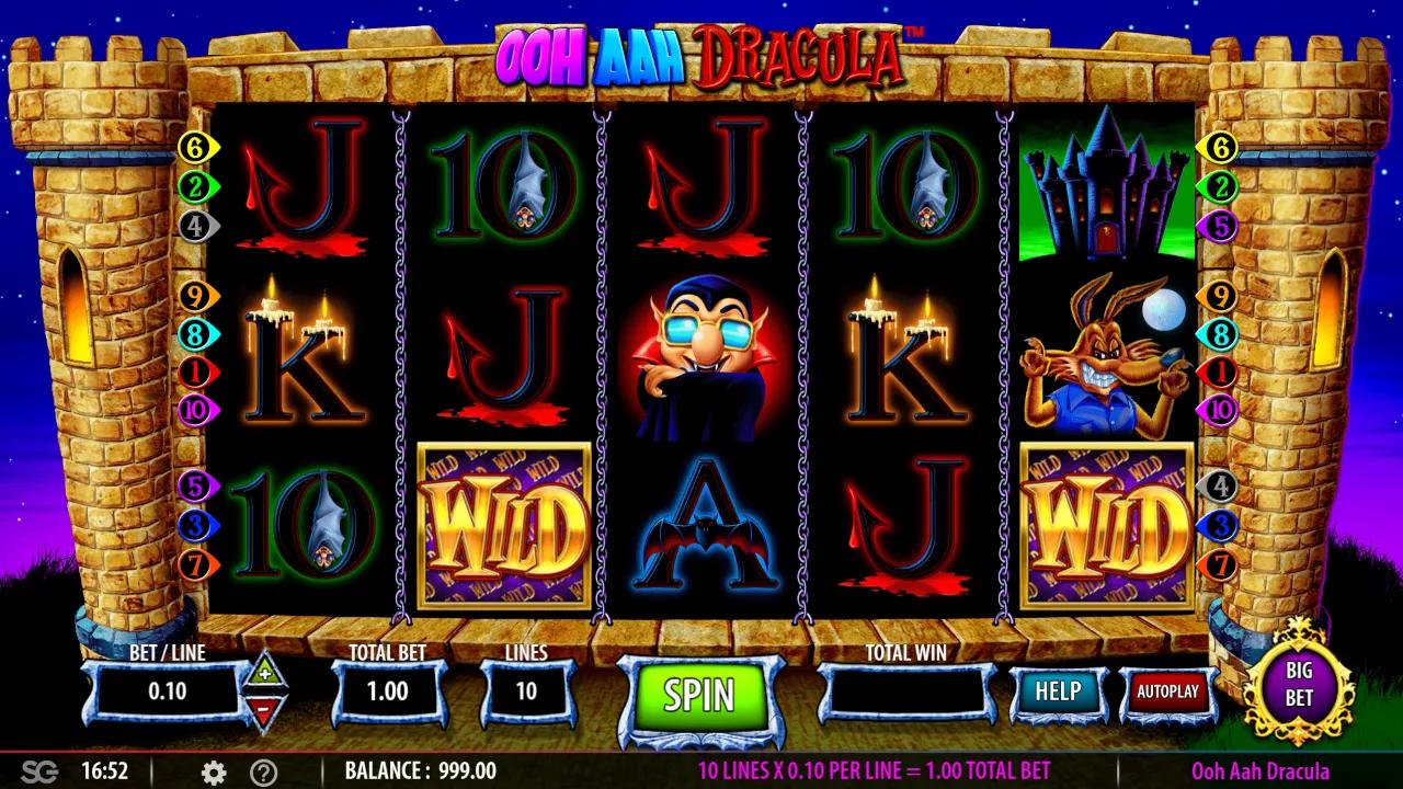 Ooh Aah Dracula slot gameplay showing 5x3 castle reels with Dracula Wild symbols and a pierced-heart scatter