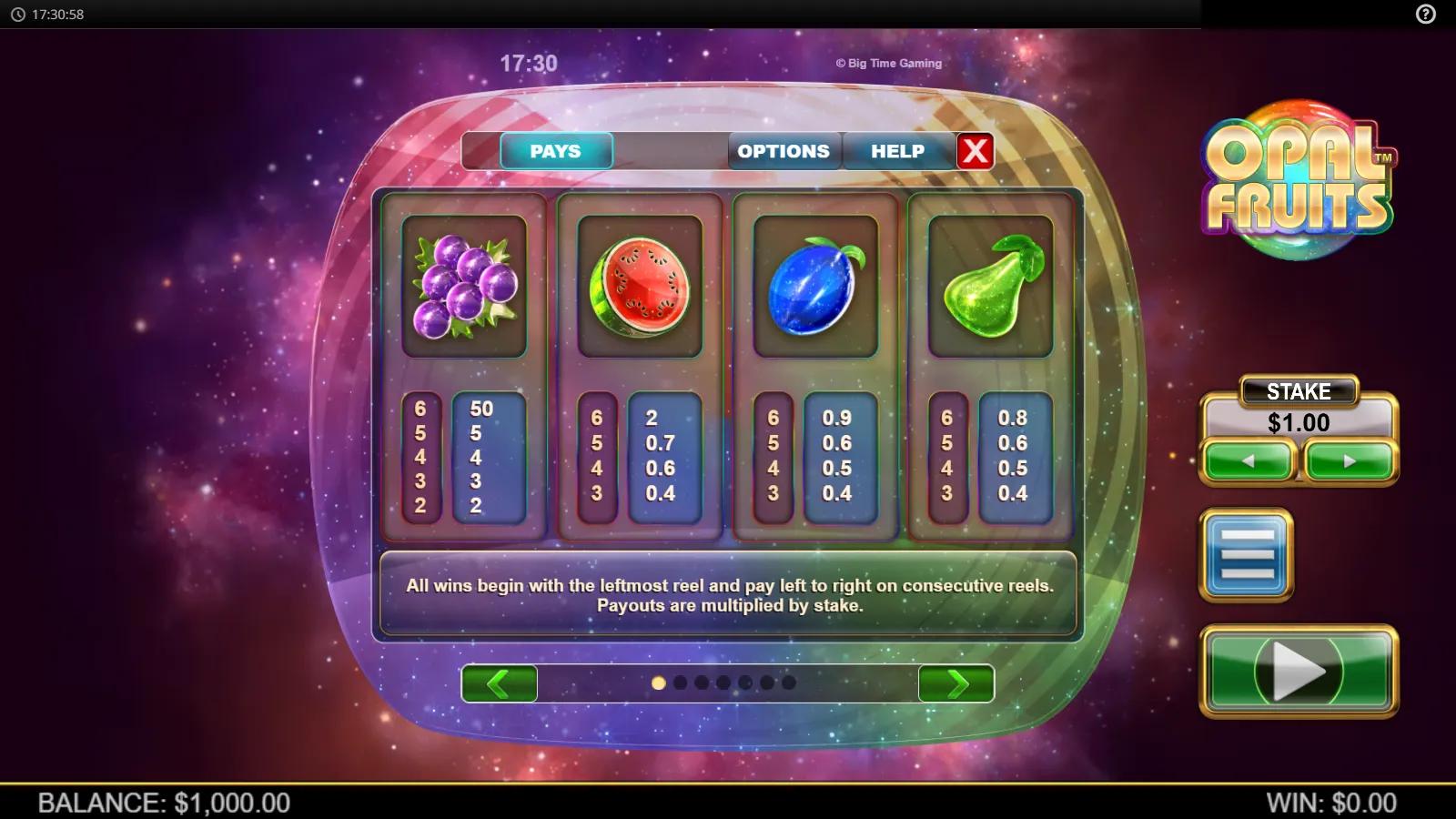 Opal Fruits slot PAYS screen showing glossy fruit-gem symbol payouts against a purple cosmic nebula