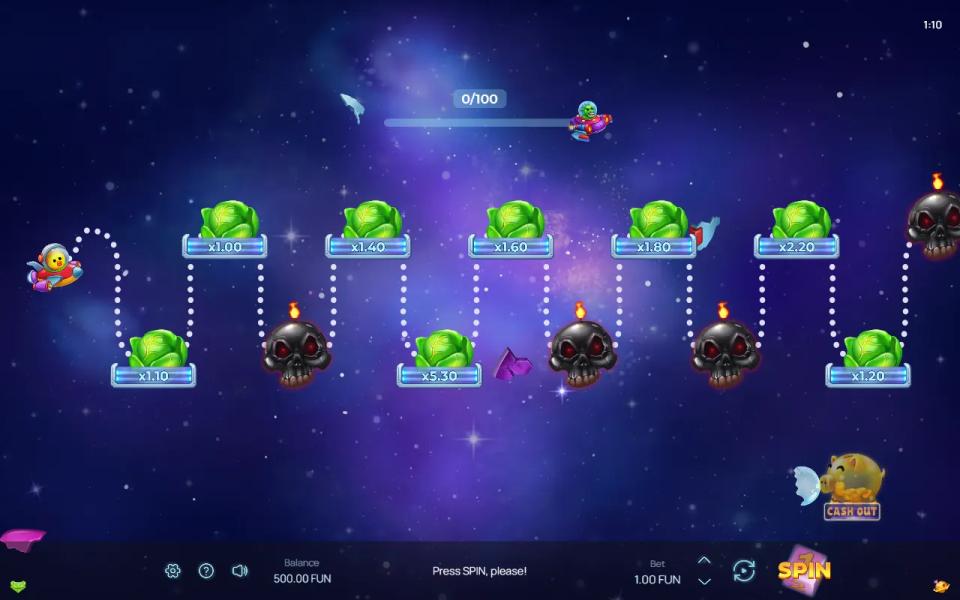 Orbital Rush board before the first roll: a space duck at the start of a path of green lettuce planets with multipliers, black skull Death cells between them and a piggy bank Cash Out button