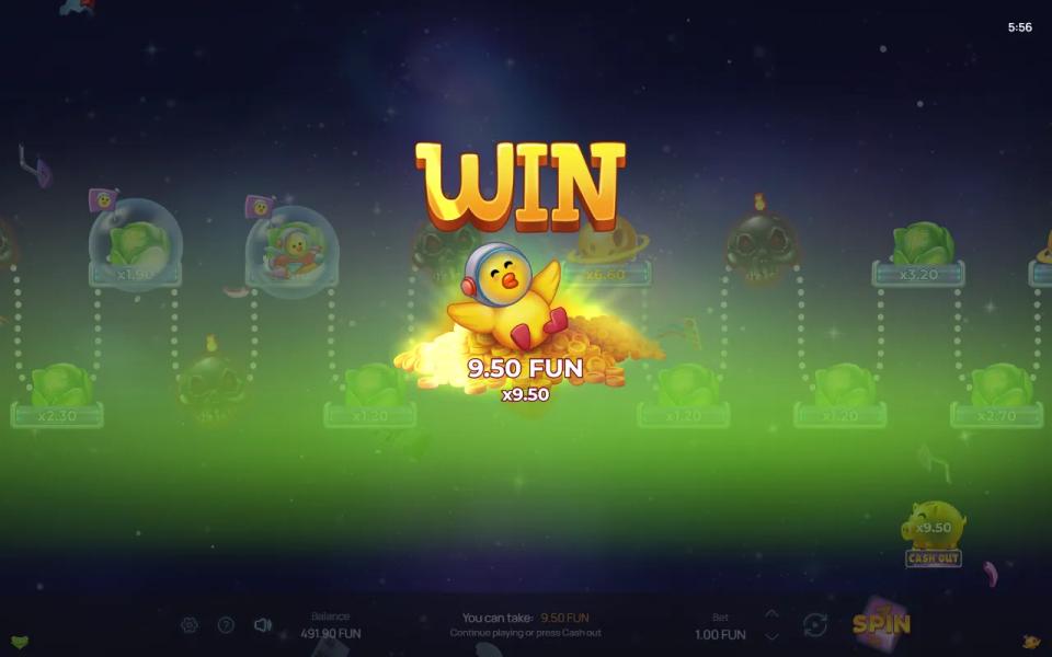 Orbital Rush cash-out screen with the duck on a pile of coins and the WIN banner over a dimmed path of planets