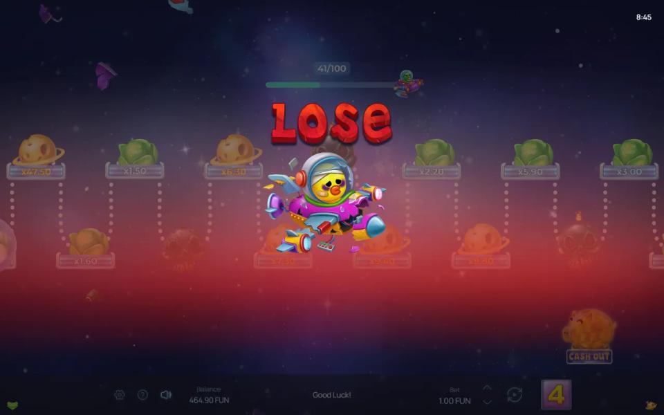 Orbital Rush LOSE screen with the duck far along the path, orange cheese planets and skulls dimmed red behind it