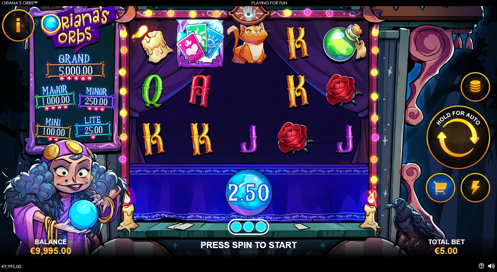 Oriana's Orbs slot gameplay showing 5x3 fortune-teller grid with crystal orbs, tarot cards, cats and a five-tier jackpot board