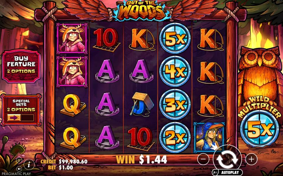 Out of the Woods base game: a multiplier wild stack covering reel 4 at 2x to 5x after a winning respin, with the carved owl meter reading 5x beside the reels