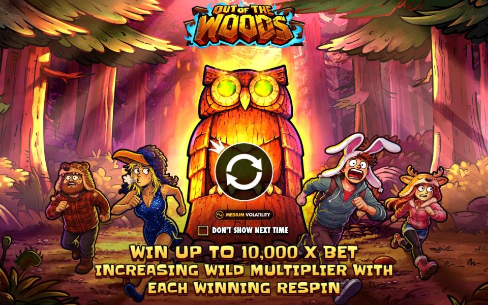 Out of the Woods intro screen with a carved owl totem between four terrified campers in rabbit, bird, bear and deer hats