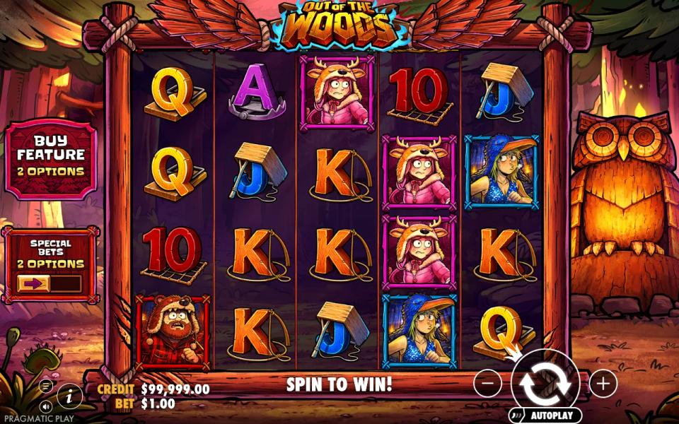 A non-winning Out of the Woods 5x4 board at a 1.00 bet with the Buy Feature and Special Bets panels on the left