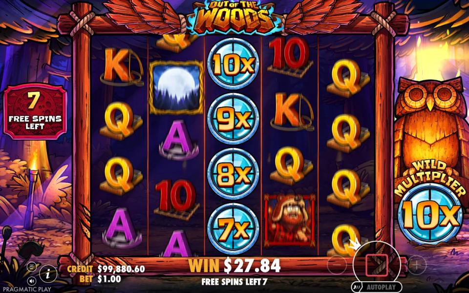 Out of the Woods free spins: the reel 3 wild stack reading 7x to 10x after the golden-rim wild jumped it four positions
