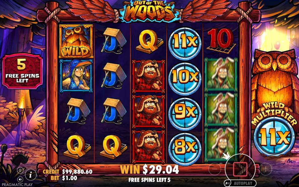 Out of the Woods free spins: a new wild stack on reel 4 opening at 8x to 11x, carrying the 11x reached earlier in the round