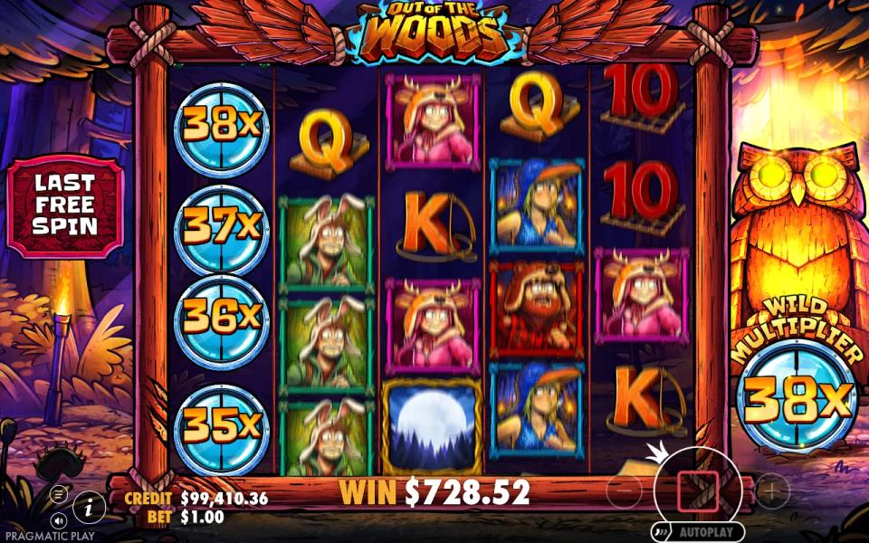 Out of the Woods super free spins, last spin: the reel 1 wild stack reading 35x to 38x with the owl meter at 38x