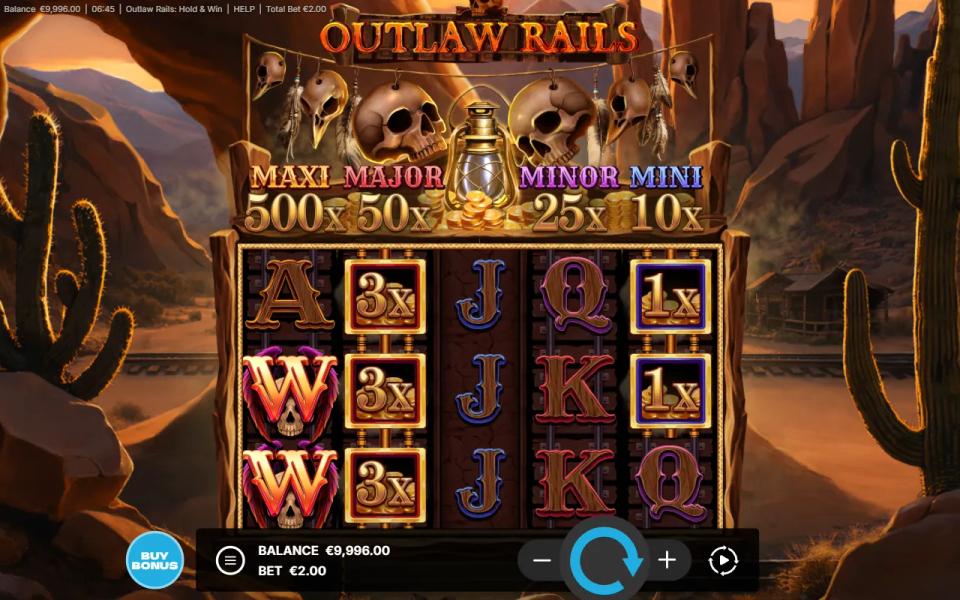 Outlaw Rails reels showing five prize wagons across the board with no Outlaw Collector on reel three