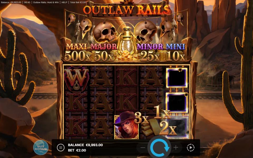 The red-haired Outlaw Collector on reel three of Outlaw Rails collecting three blue prize wagons
