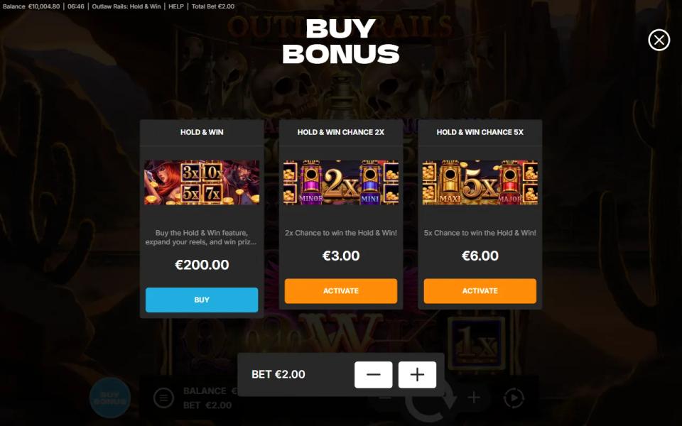 The Outlaw Rails buy menu showing the 100x bonus buy beside the two Extra Chance ante prices