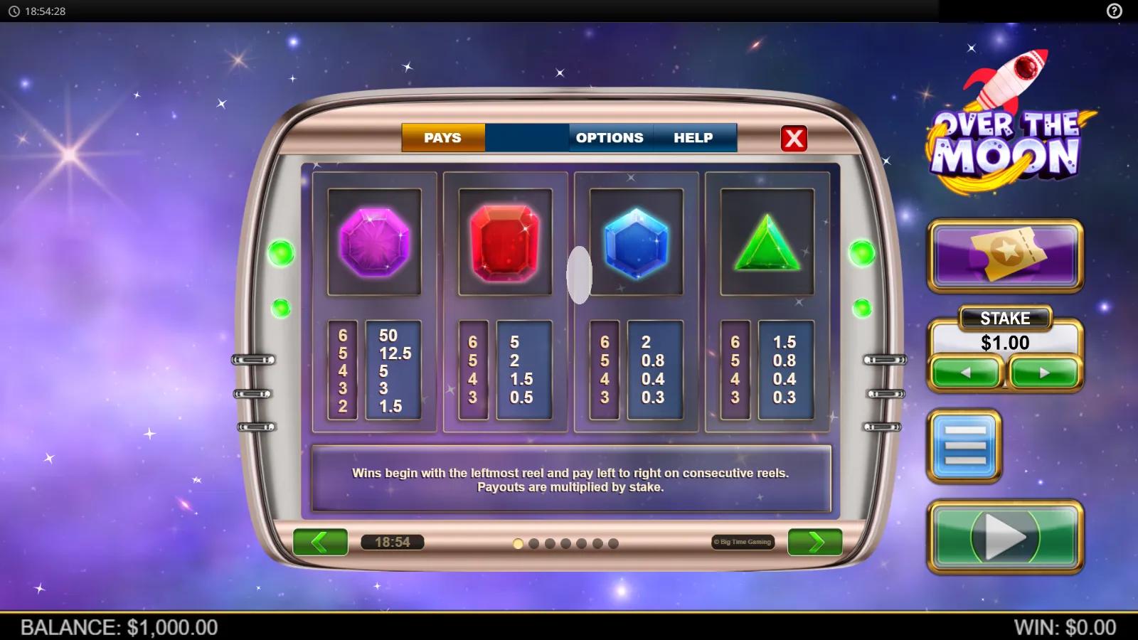 Over The Moon slot PAYS screen showing coloured gem symbol payouts against a purple starry galaxy with a rocket