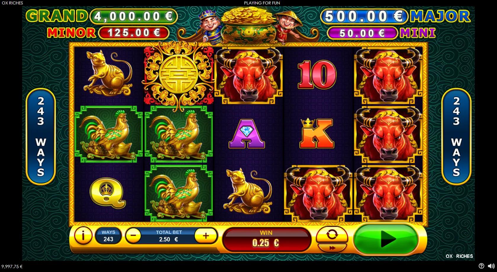 Ox Riches gameplay showing a 5x3 243-ways Chinese reel set with a red ox, golden zodiac symbols, a coin and four jackpots