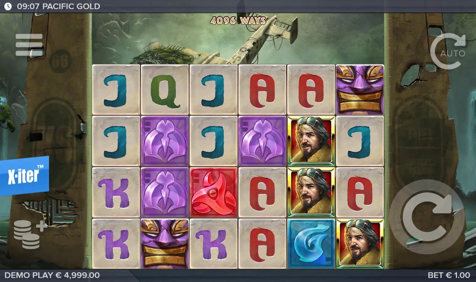 Pacific Gold reels showing Adventure symbols and Buy Bonus
