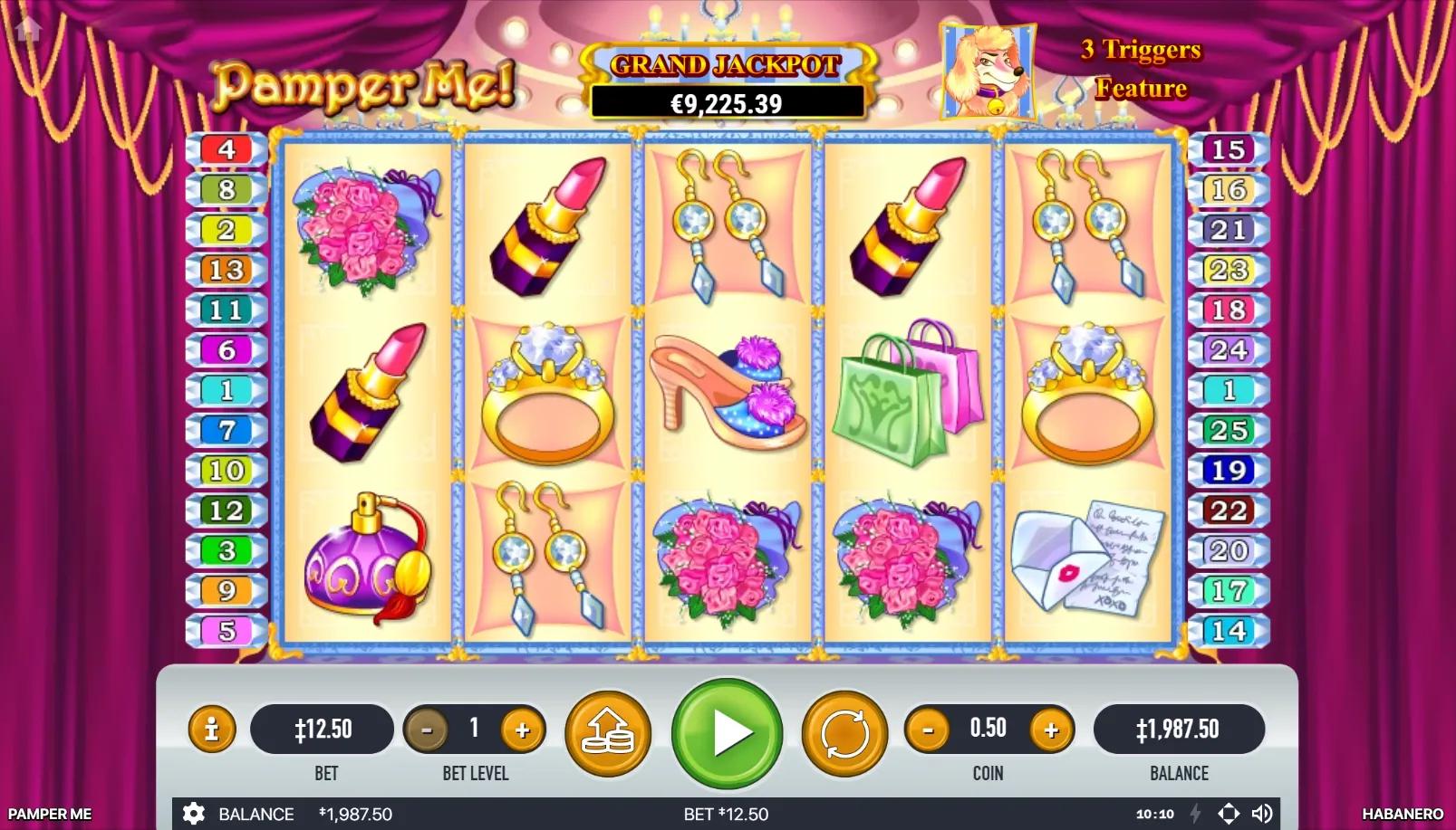 Pamper Me slot gameplay showing 5x3 reels with perfume, lipstick, diamond earrings and Grand Jackpot meter overhead