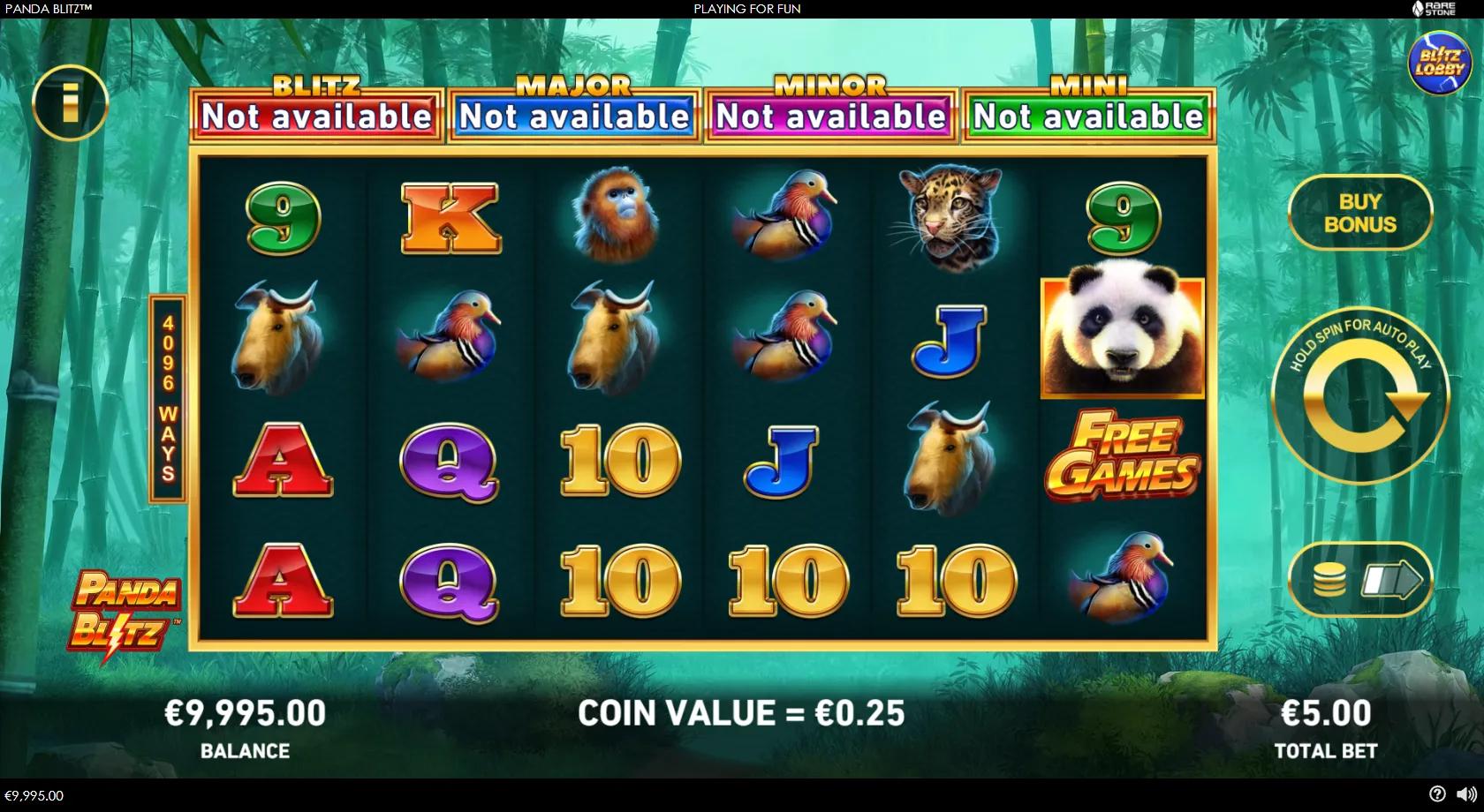 Panda Blitz gameplay showing 6x4 bamboo-forest reels with stacked pandas and four progressive jackpots