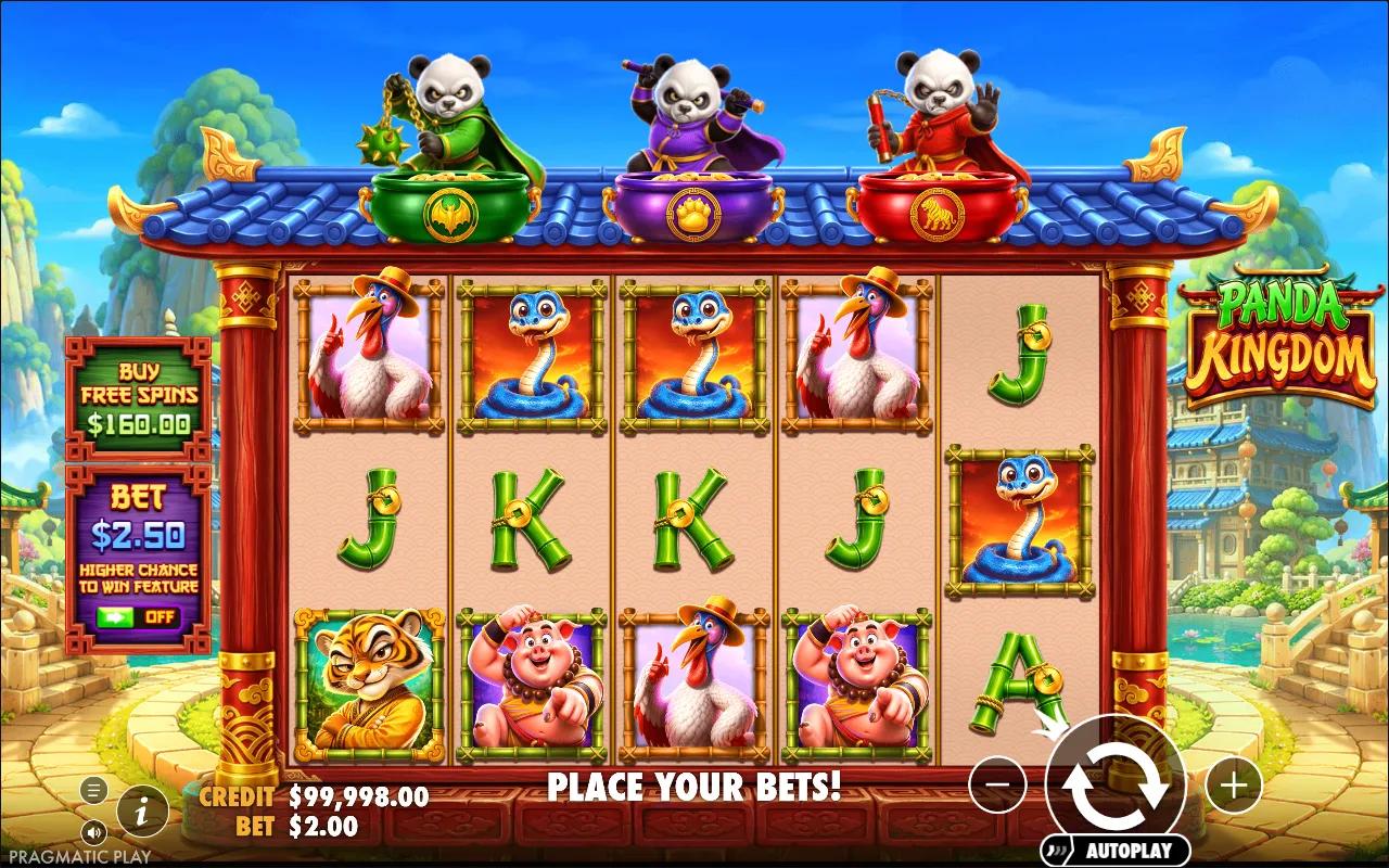 Panda Kingdom slot 5x3 243-ways grid with snake, rooster and pig symbols under the three warrior-panda scatter pots