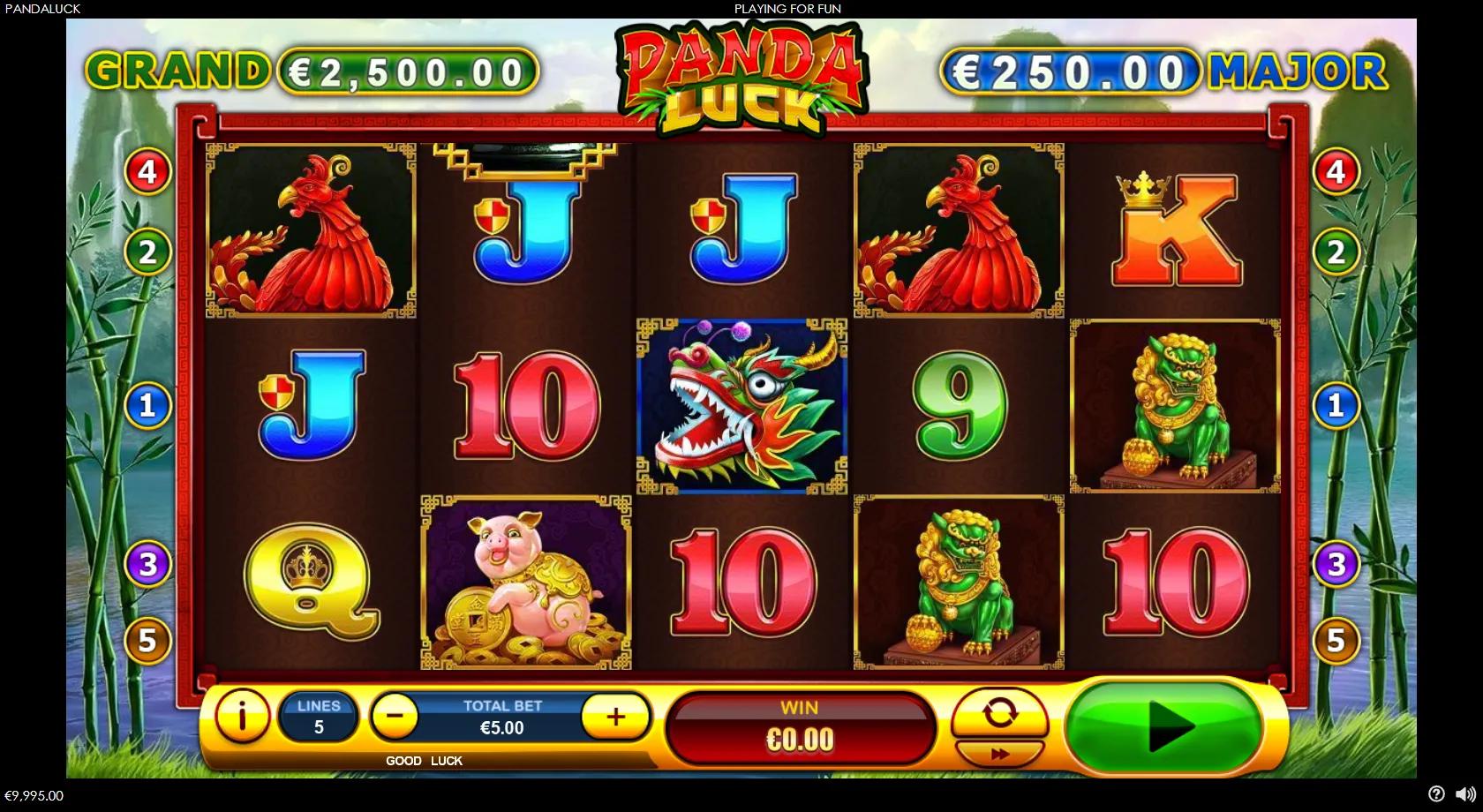 Panda Luck gameplay showing a 5x3 Chinese reel set with a panda wild, dragon, golden pig, foo-dog and Grand/Major jackpots
