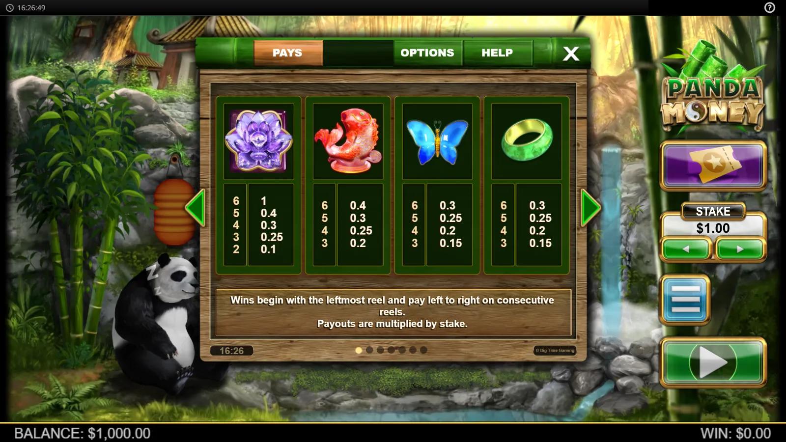 Panda Money slot PAYS screen showing Oriental symbol payouts with a giant panda in a bamboo forest