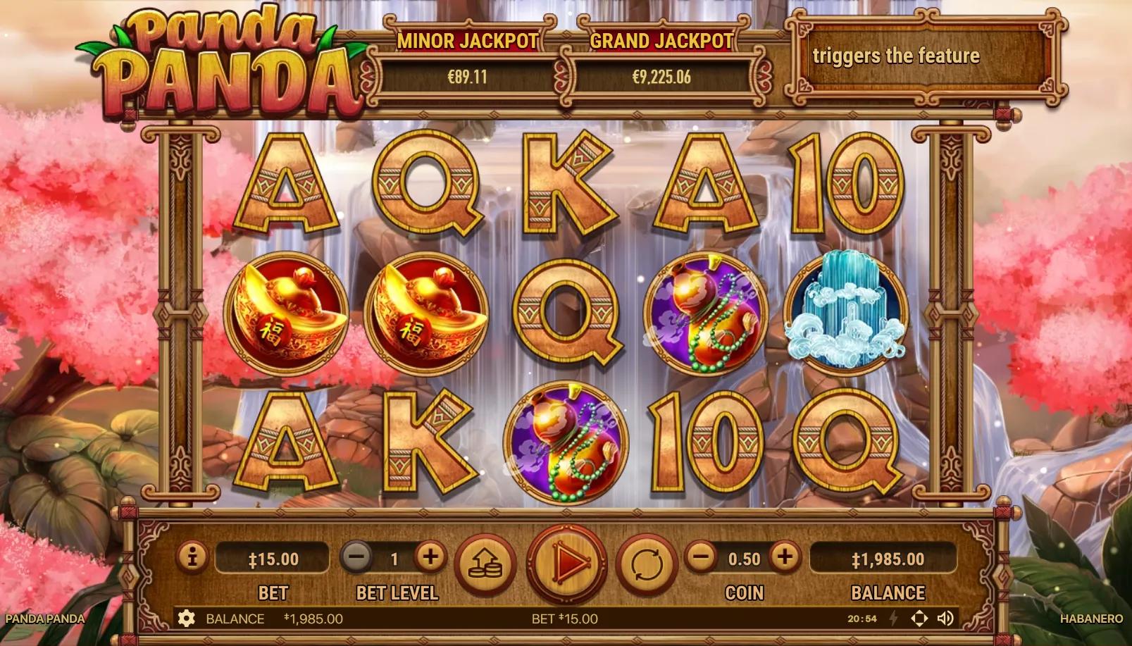 Panda Panda slot gameplay showing 5x3 grid with panda wild, yin-yang scatter, bamboo, and Chinese fortune symbols on lush bamboo forest backdrop
