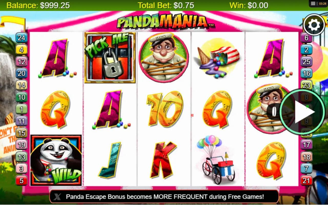 Pandamania slot gameplay showing 5x3 grid with wild panda, tied-up zoo keeper and Pick Me safe symbols