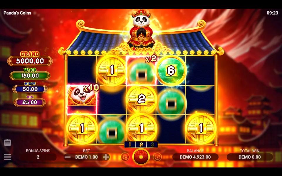 Panda's Coins Bonus Game on a 5x3 board under a pagoda roof: gold Bonus Coins, a green Bonus Collector showing 6, and two Wild-made multiplier cells, x10 on reel 1 and x2 on reel 3