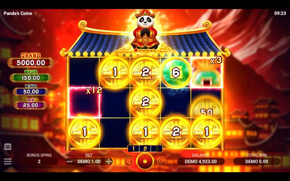 Bonus Game board with an empty x12 cell on reel 1 and a fresh x3 cell on top of reel 5, coins filling most of the other squares