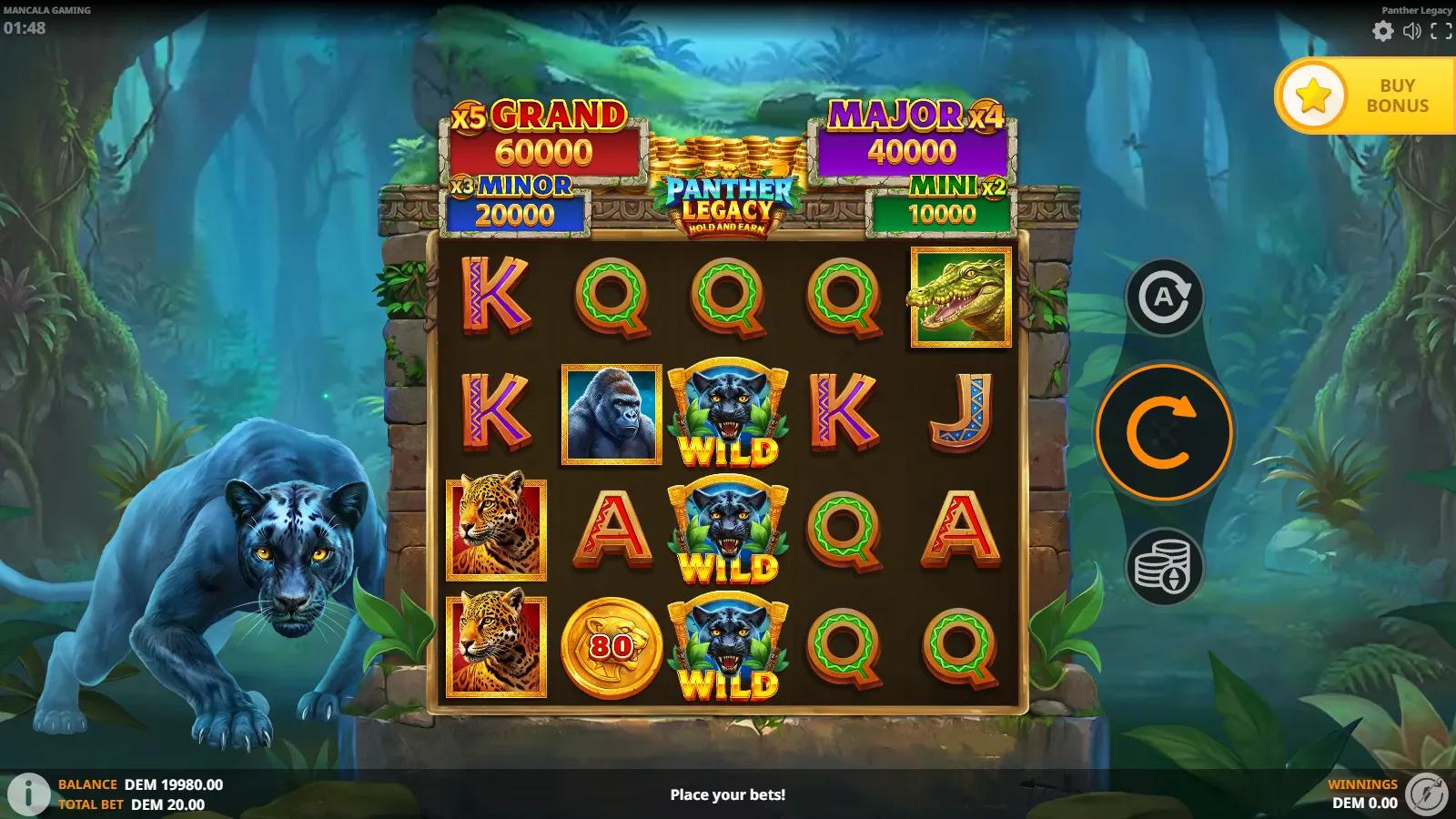 Panther Legacy slot gameplay showing the 5x4 jungle grid with Panther Wilds and a gold coin Hold and Win symbol