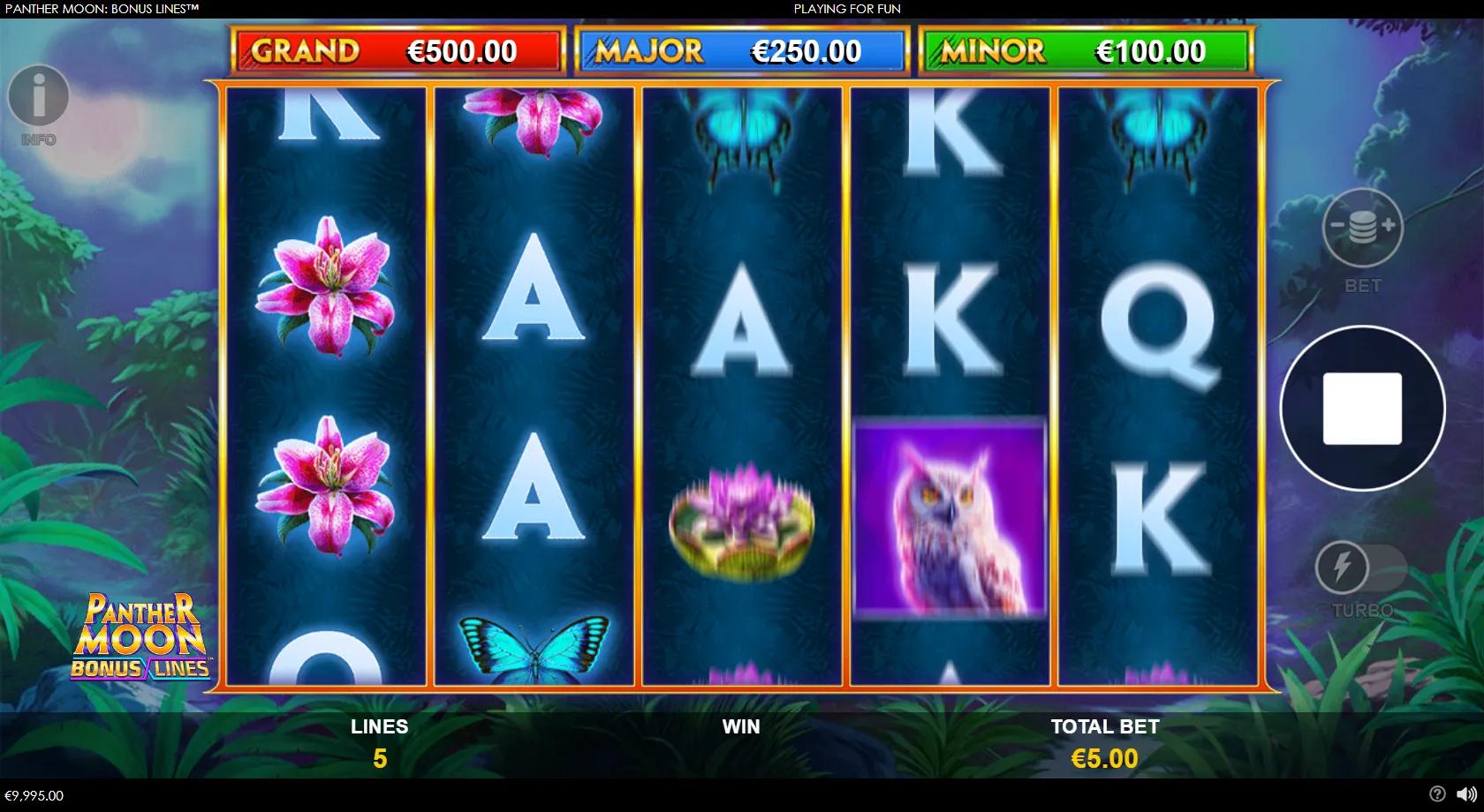Panther Moon: Bonus Lines slot gameplay with the black panther Wild stacked on the reels and gold coins on reel 5 against a moonlit jungle background