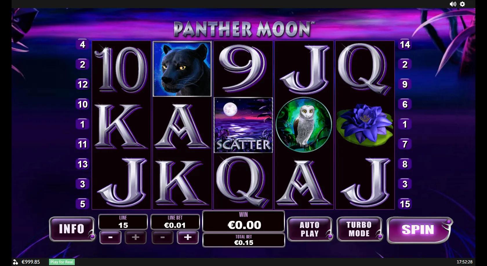 Panther Moon slot: 5x3 fifteen-line moonlit jungle grid with the black panther wild, owl, jackal, lotus and full-moon scatter