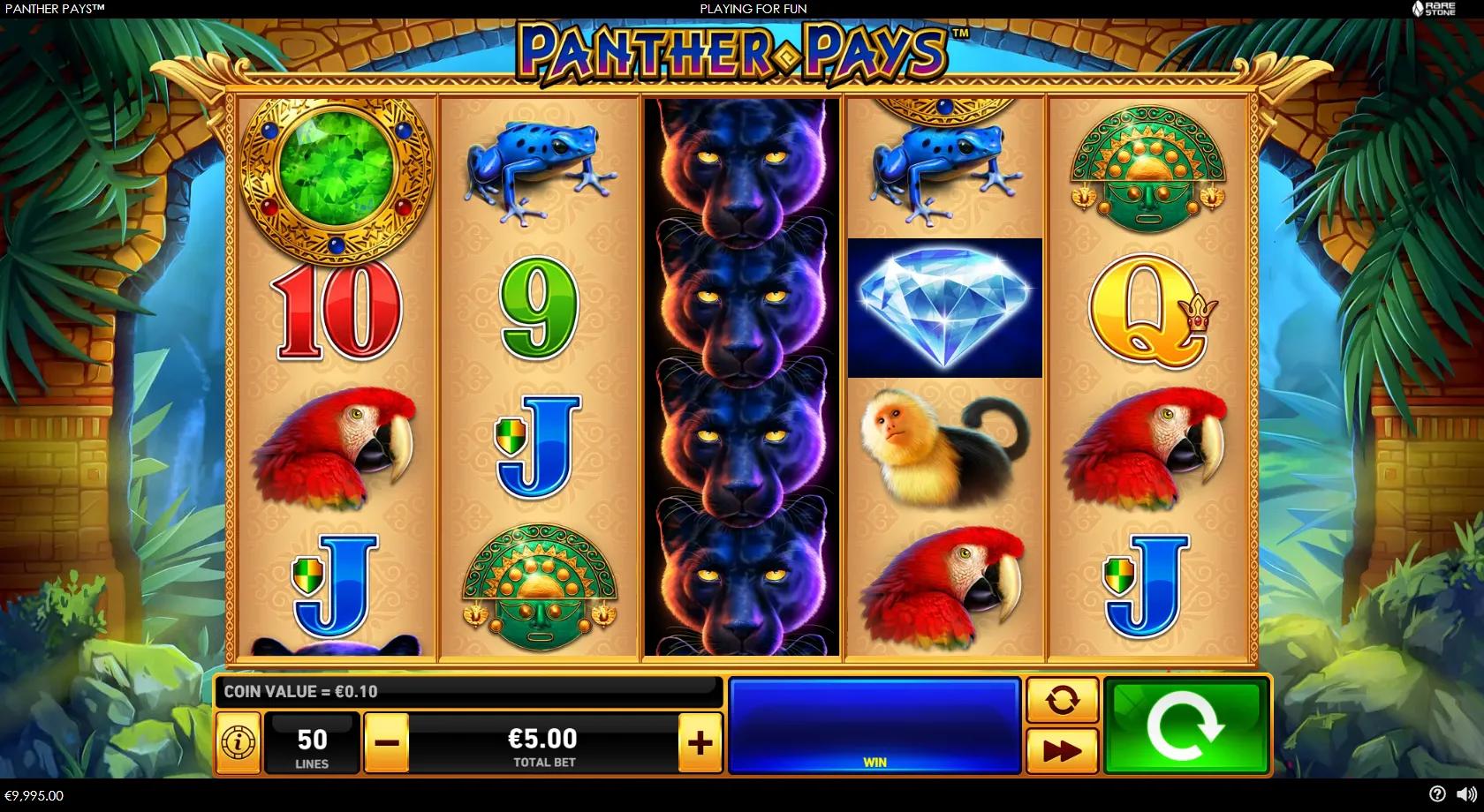 Panther Pays 5x4 jungle grid with the stacked black panther wild, macaw, monkey, frog, Aztec mask and diamond symbols