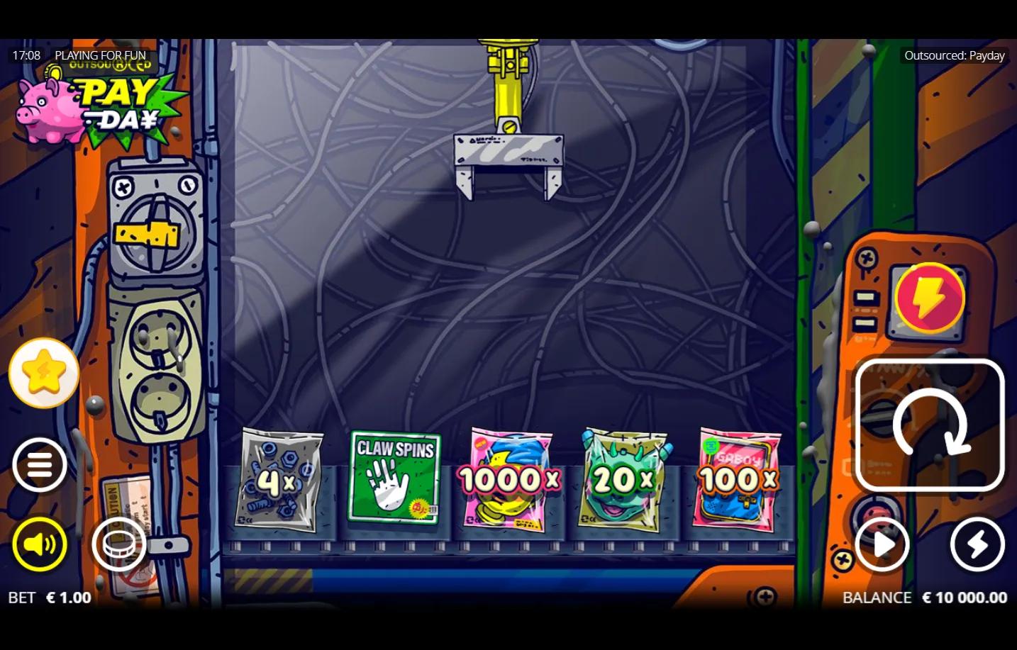 Outsourced Payday slot gameplay showing 5-symbol conveyor belt with mechanical claw above industrial factory scene