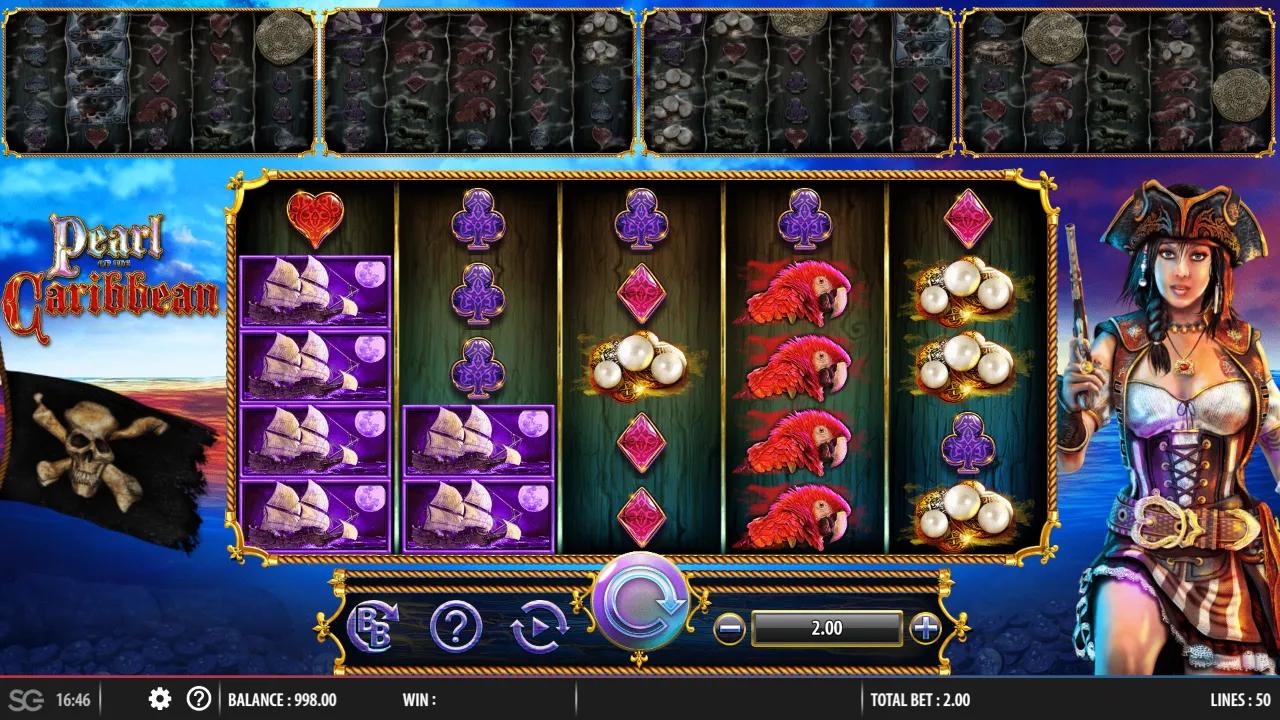 Pearl of the Caribbean slot gameplay showing the 5x3 base reel set with stacked upper reel sets and pirate treasure symbols
