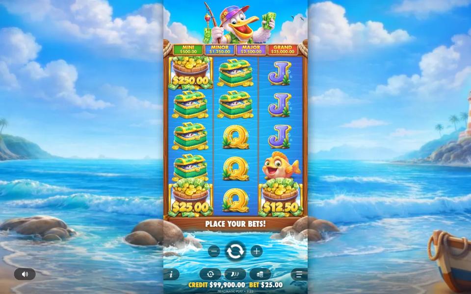 Pelican Payday 3x5 grid with three money baskets printed $250, $25 and $12.50 and no pelican collect symbol on the third reel, so the spin pays nothing