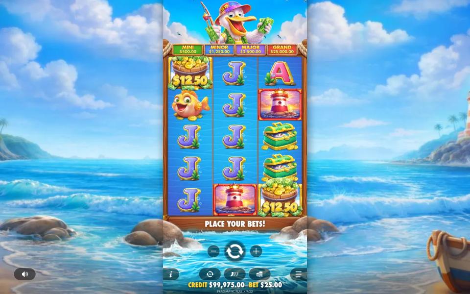 Pelican Payday 3x5 grid showing two lighthouse scatter symbols, one short of the trigger, alongside two uncollected money baskets