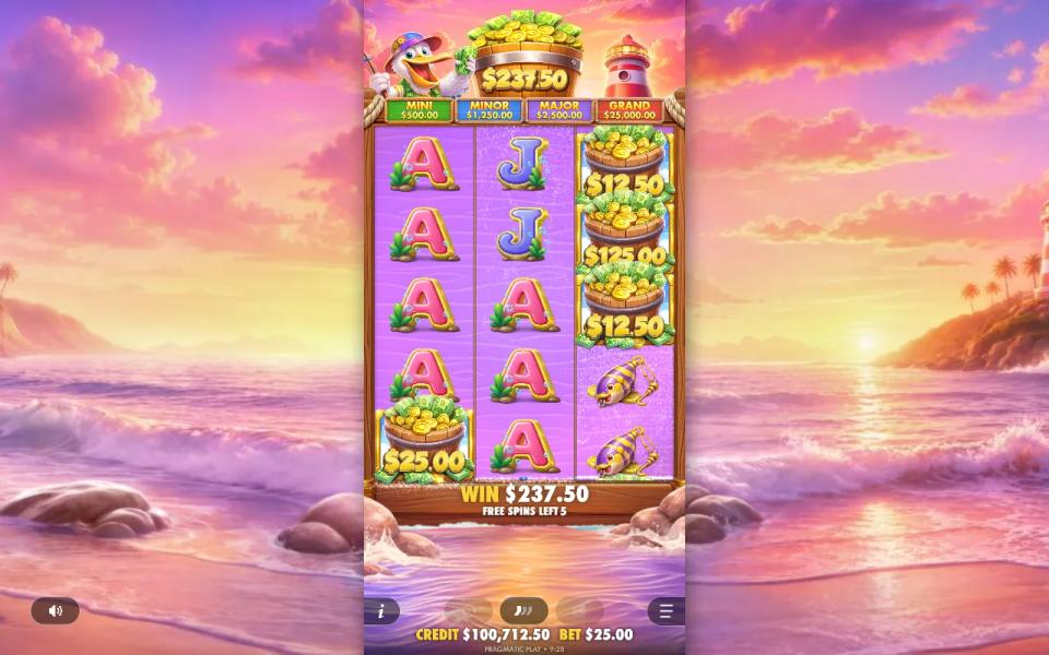 Pelican Payday free spins on violet reels with money baskets on the board and the pot above them frozen at $237.50