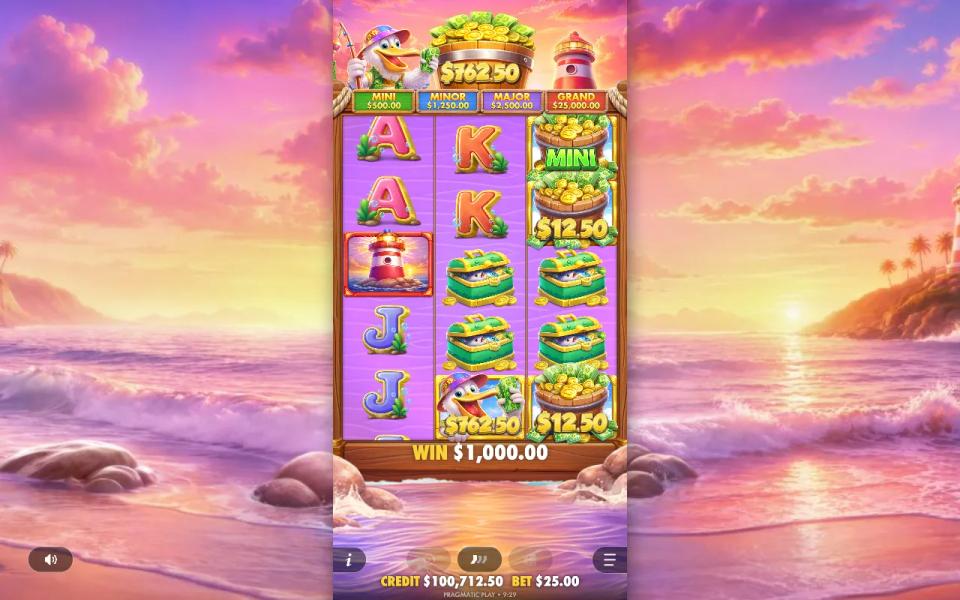 Pelican Payday free spins with the pelican collect symbol on the second reel paying the pot's full $762.50 total beside a MINI badge basket