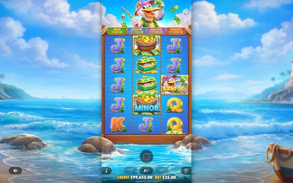 Pelican Payday 3x5 grid with the pelican collect symbol on the third reel banking a MINOR badge basket for 60x the stake