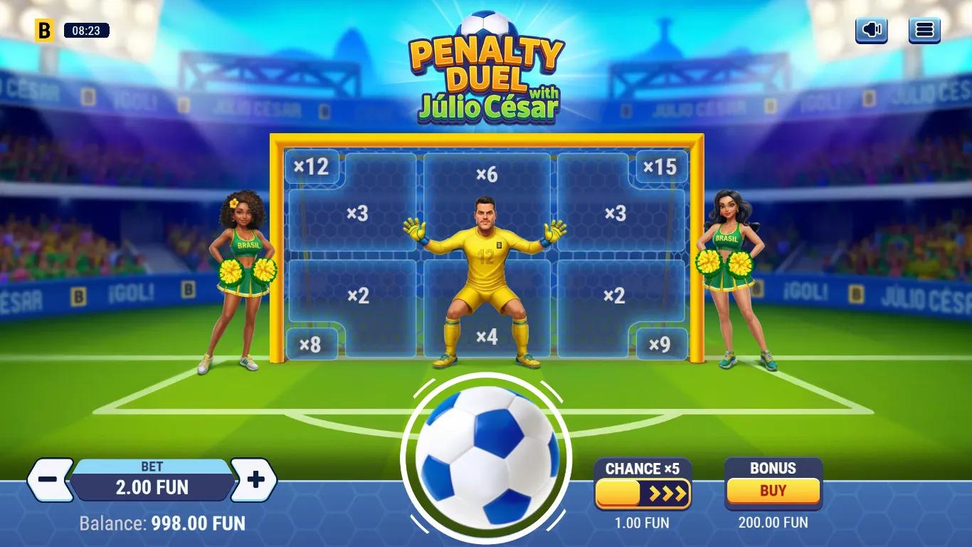 Penalty Duel with Julio Cesar gameplay showing 10-zone goal target with goalkeeper and multiplier values