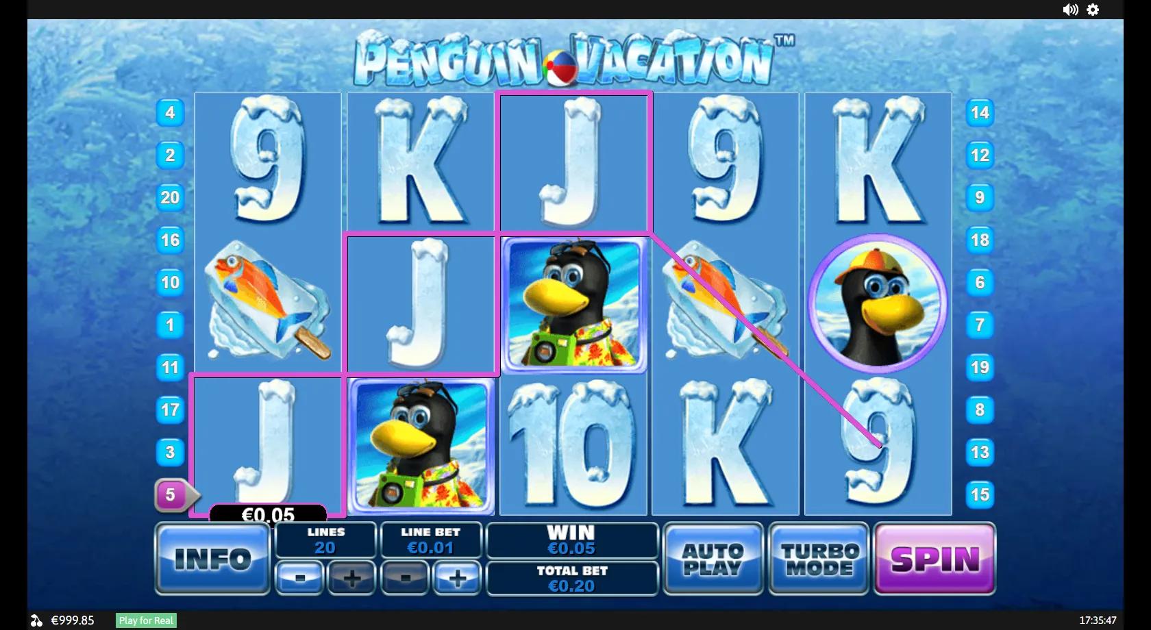Penguin Vacation slot: 5x3 twenty-line icy grid with cartoon holiday penguins, fish popsicle and ice-fishing-hole scatter