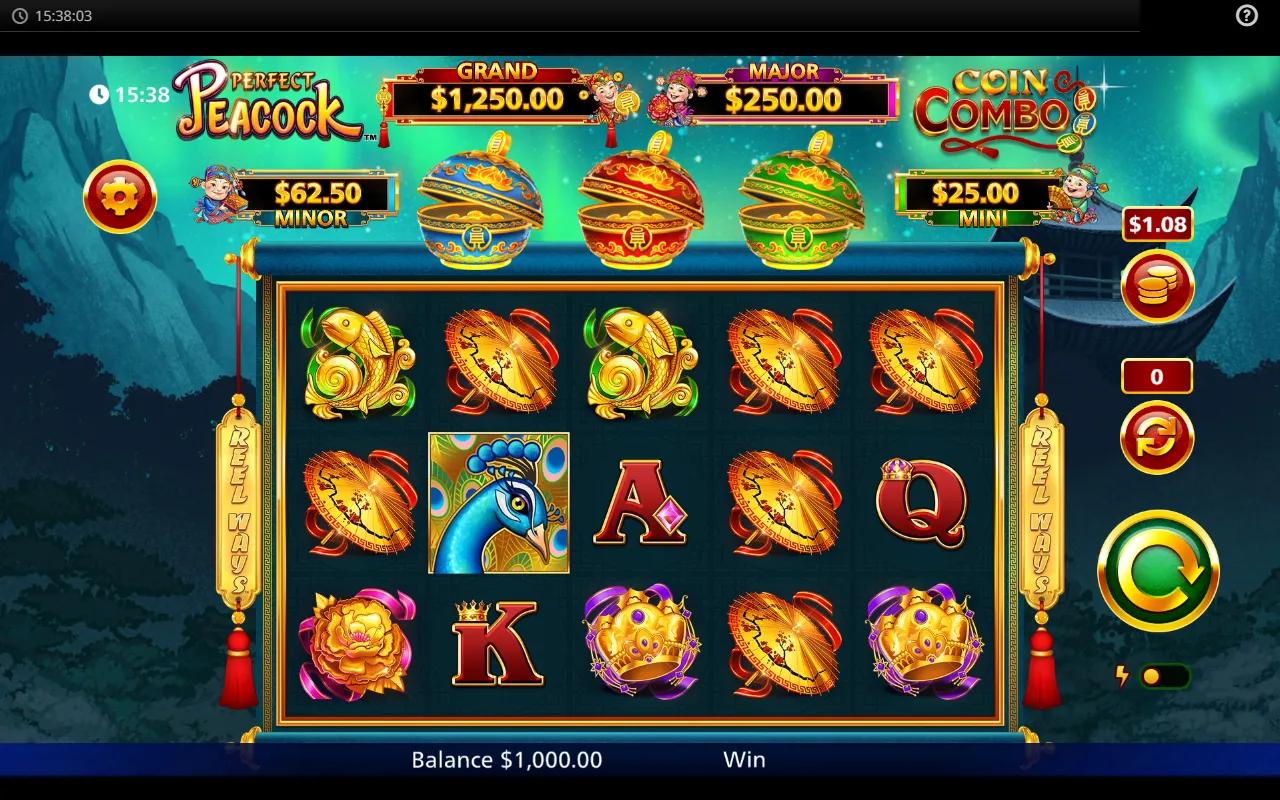 Perfect Peacock Coin Combo slot showing 5x3 grid with red/blue/green Element Coin bowls above and peacock premium