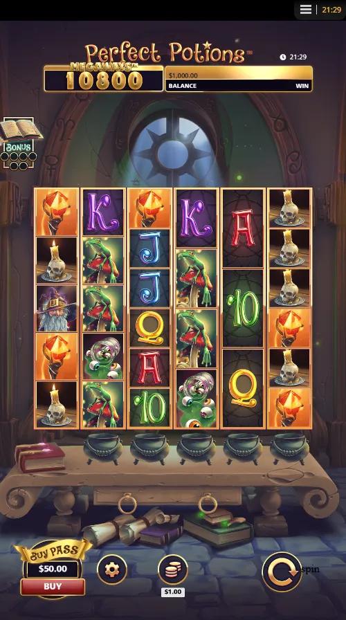 Perfect Potions Megaways slot gameplay showing 6-reel grid with red and blue potion banners flanking the alchemist's lab
